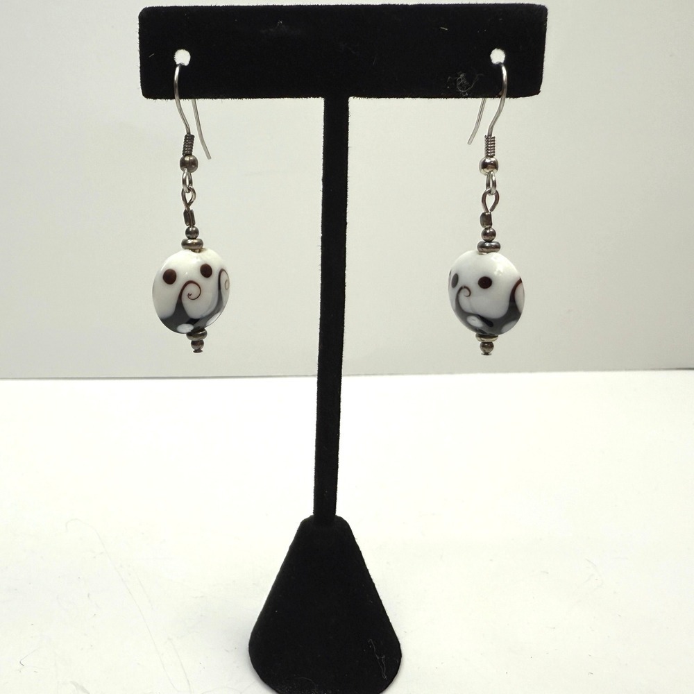 Glass Dangle Drop Earrings White Black Swirls Silver Tone Fashion Jewelry 2 in L